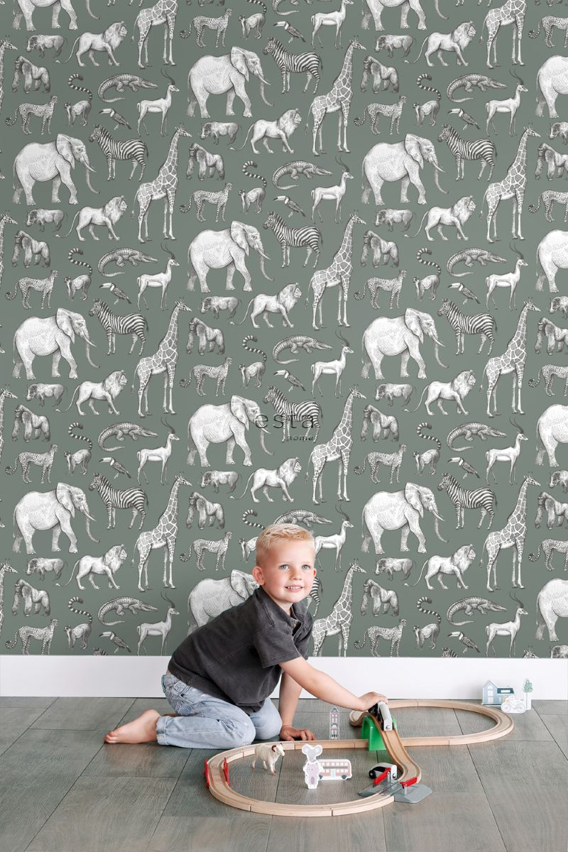 ESTAhome jungle dieren behang look a like ferm living behang kinderkamer vergrijsd groen 139513