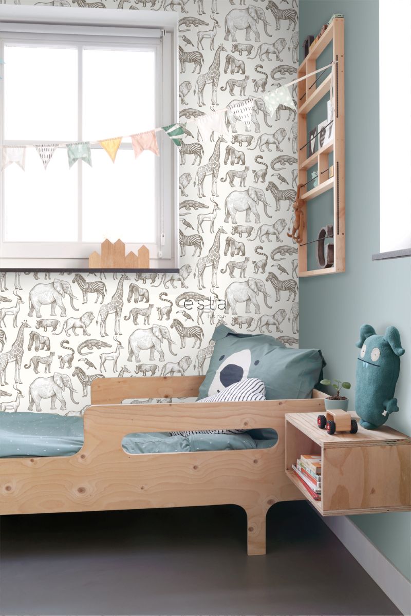 ESTAhome jungle dieren behang look a like ferm living behang kinderkamer gebroken wit 139510