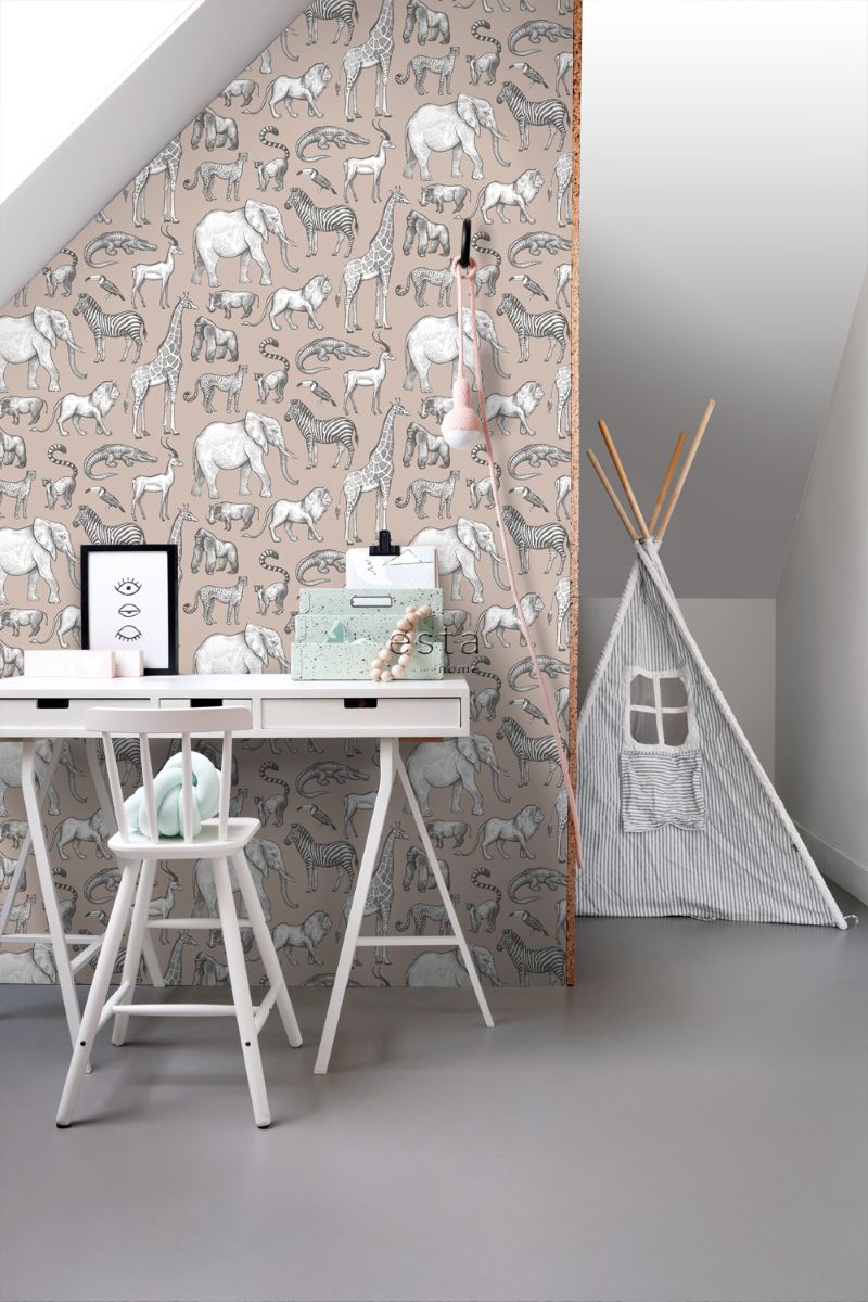 ESTAhome jungle dieren behang look a like ferm living behang kinderkamer oudroze 139271