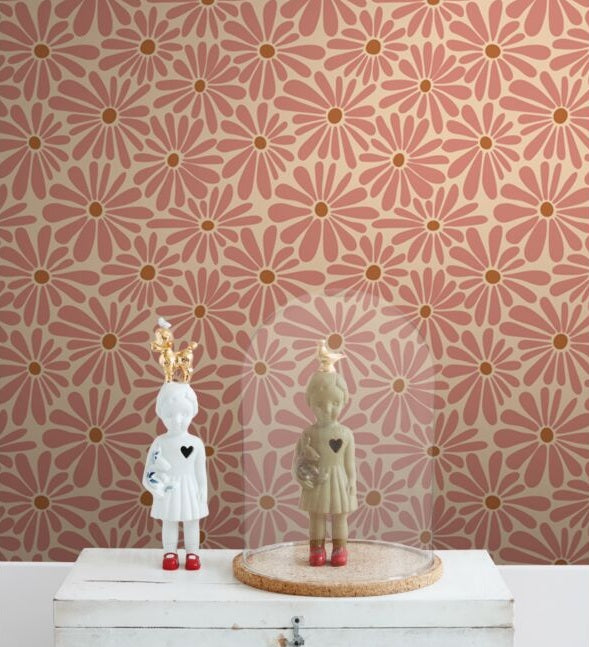 ESTAhome madeliefjes bloemenbehang terra roze voor de meisjeskamer en babykamer. 131151