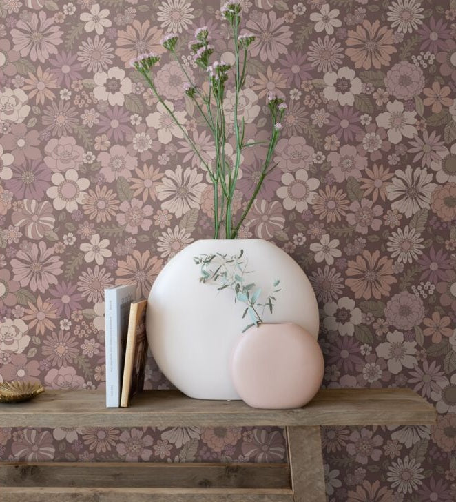 ESTAhome retro bloemen vintage stijl meisjeskamer babykamer aubergine oudroze 131135
