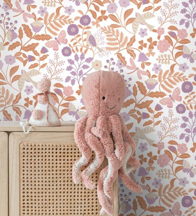 ESTAhome bloemen en vogels behang voor de kinderkamer lila paar terra 131392