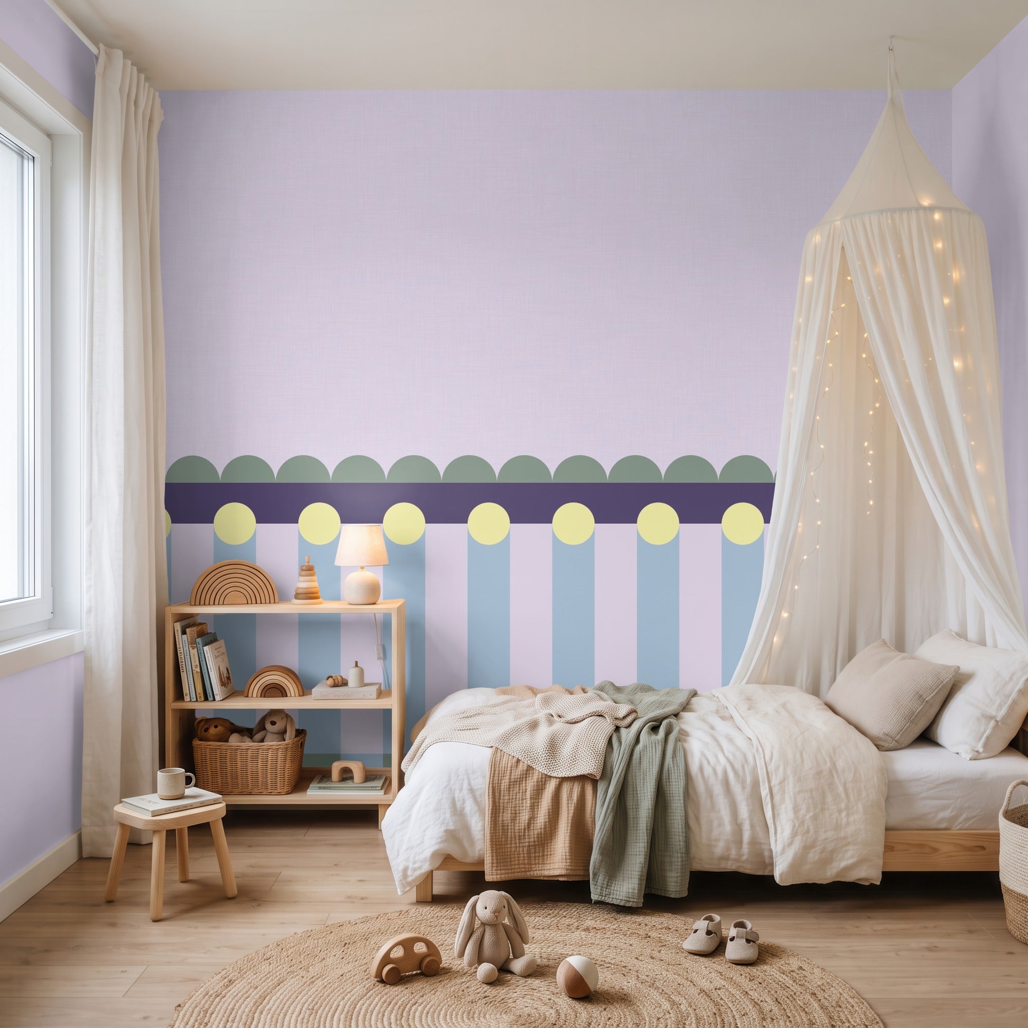 Fotobehang kinderkamer lambrisering meisjeskamer lila groen lichtblauw papr walls meet me halfway