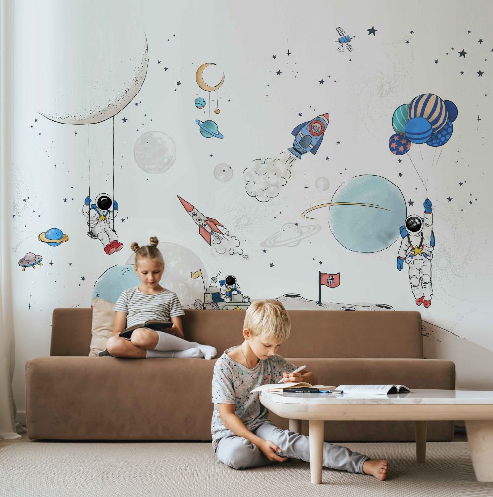 Ruimte behang voor de kinderkamer into the galaxy van annet weelink