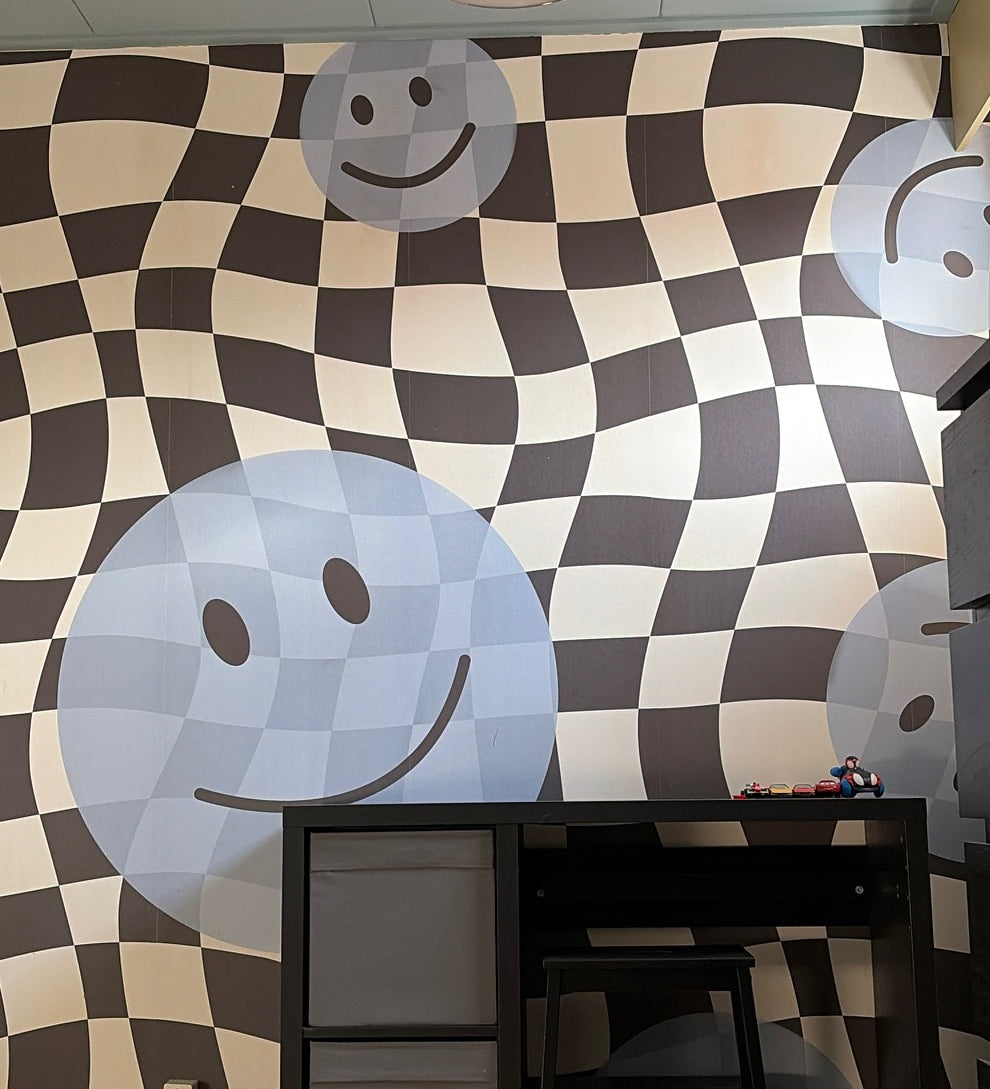 Smiley behang kinderkamer tienerkamer blauw Papr Walls Face the Wall geblokt