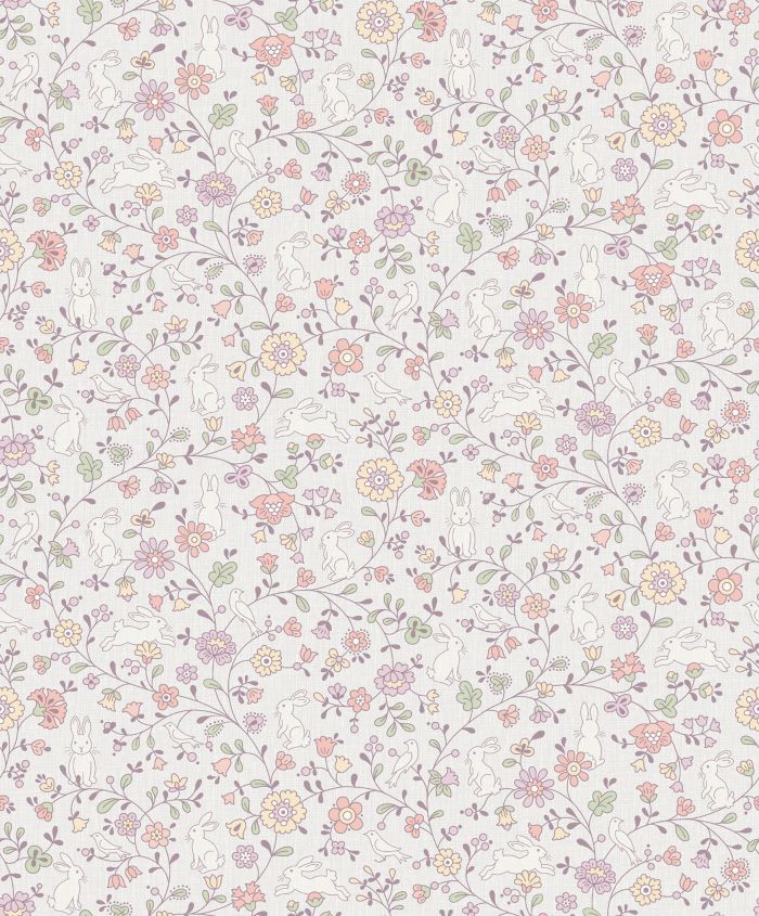 Dutch Wallcoverings bloemen behang met konijnen meisjeskamer lila JS3101