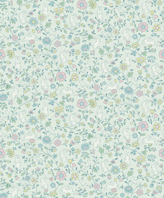 Dutch Wallcoverings bloemen behang met konijnen meisjeskamer blauw JS3102