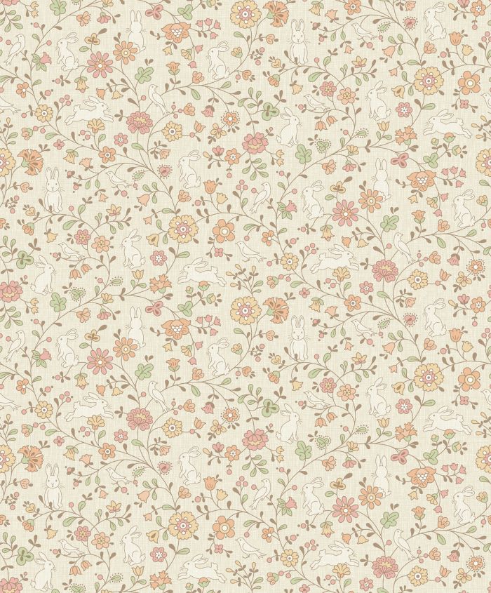 Dutch Wallcoverings bloemen behang met konijnen meisjeskamer beige JS3103