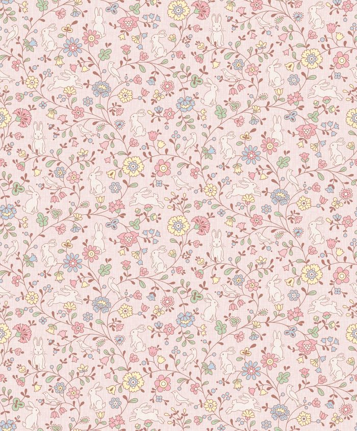 Dutch Wallcoverings bloemen behang met konijnen meisjeskamer roze JS3105