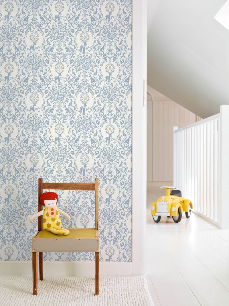 Kinderbehang dieren bosdieren dutch wallcoverings blauw wit JS3304