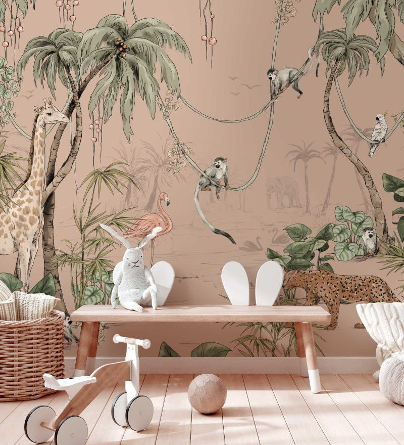 Annet Weelink Jungle Jazz behang voor de kinderkamer roze