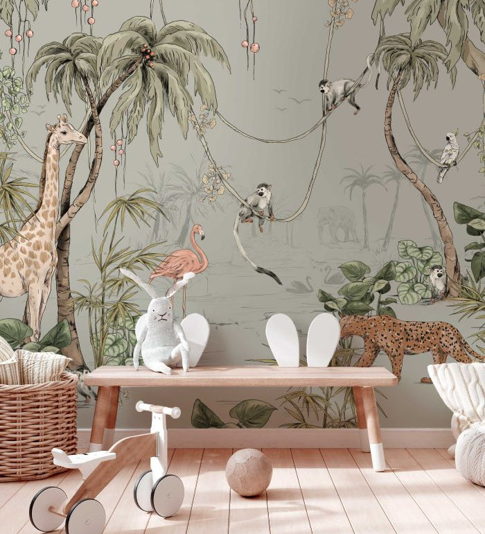 Annet Weelink Jungle behang voor de kinderkamer dusty mint
