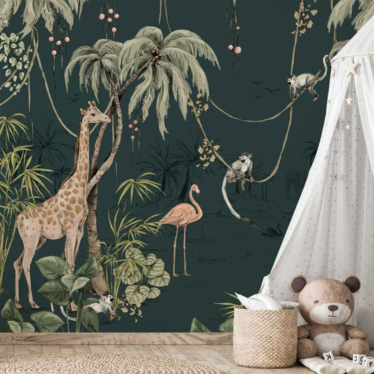 Annet Weelink Jungle behang jungle jazz voor de kinderkamer dark teal