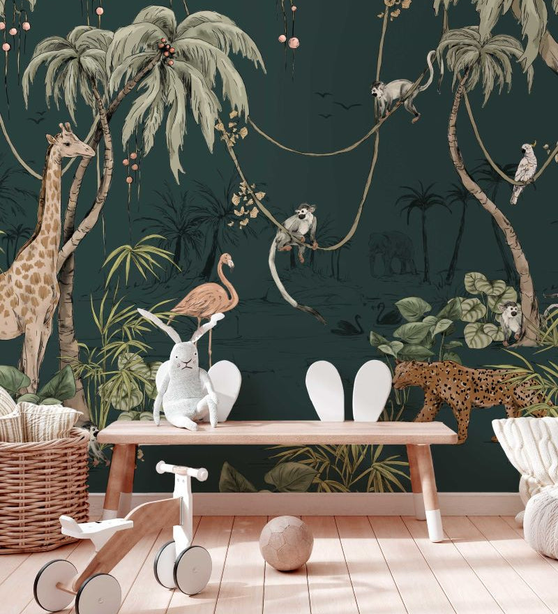 Annet Weelink Jungle behang jungle jazz voor de kinderkamer dark teal