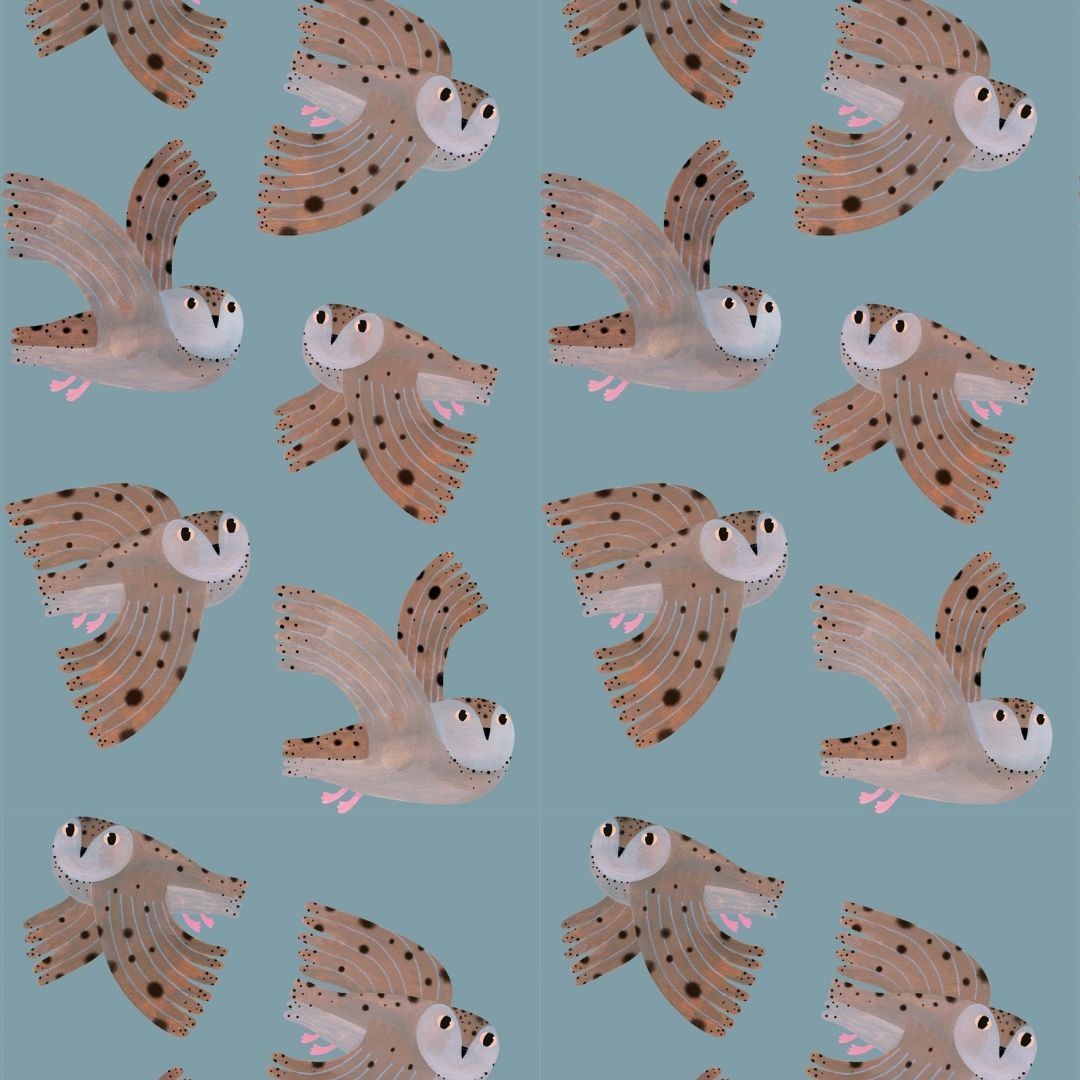 Aniek Bartels x Meet me at the wall owl uilen dierenbehang behang meisjeskamer babykamer lichtblauw