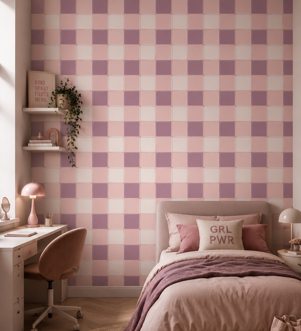 Blokken behang kinderkamer meisjeskamer tienerkamer roze mauve