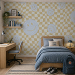 Smiley behang kinderkamer tienerkamer blauw groen Papr Walls Face the Wall geblokt