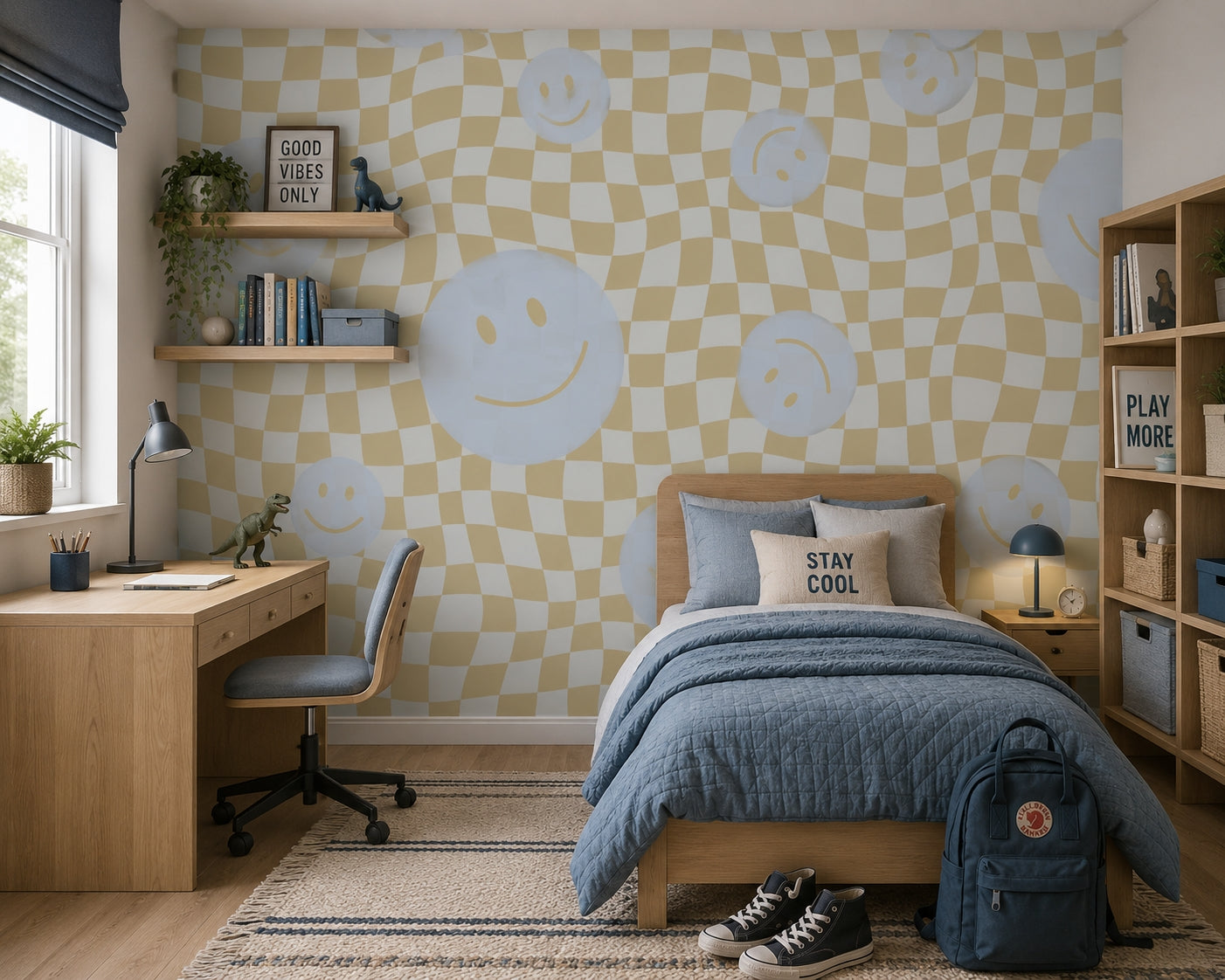 Smiley behang kinderkamer tienerkamer blauw groen Papr Walls Face the Wall geblokt