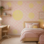 Smiley behang kinderkamer tienerkamer meidenkamer roze geel Papr Walls Face the Wall geblokt