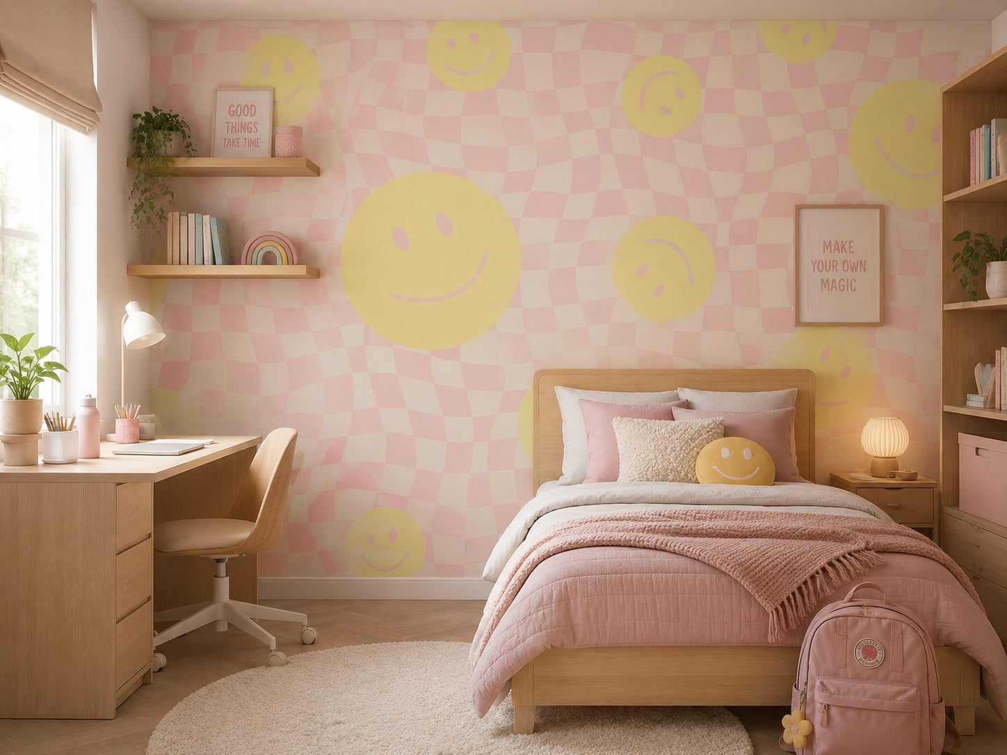 Smiley behang kinderkamer tienerkamer meidenkamer roze geel Papr Walls Face the Wall geblokt