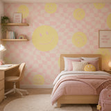 Smiley behang kinderkamer tienerkamer meidenkamer roze geel Papr Walls Face the Wall geblokt