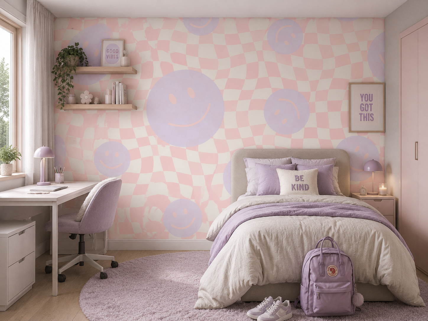 Smiley behang kinderkamer tienerkamer meidenkamer roze lila Papr Walls Face the Wall geblokt