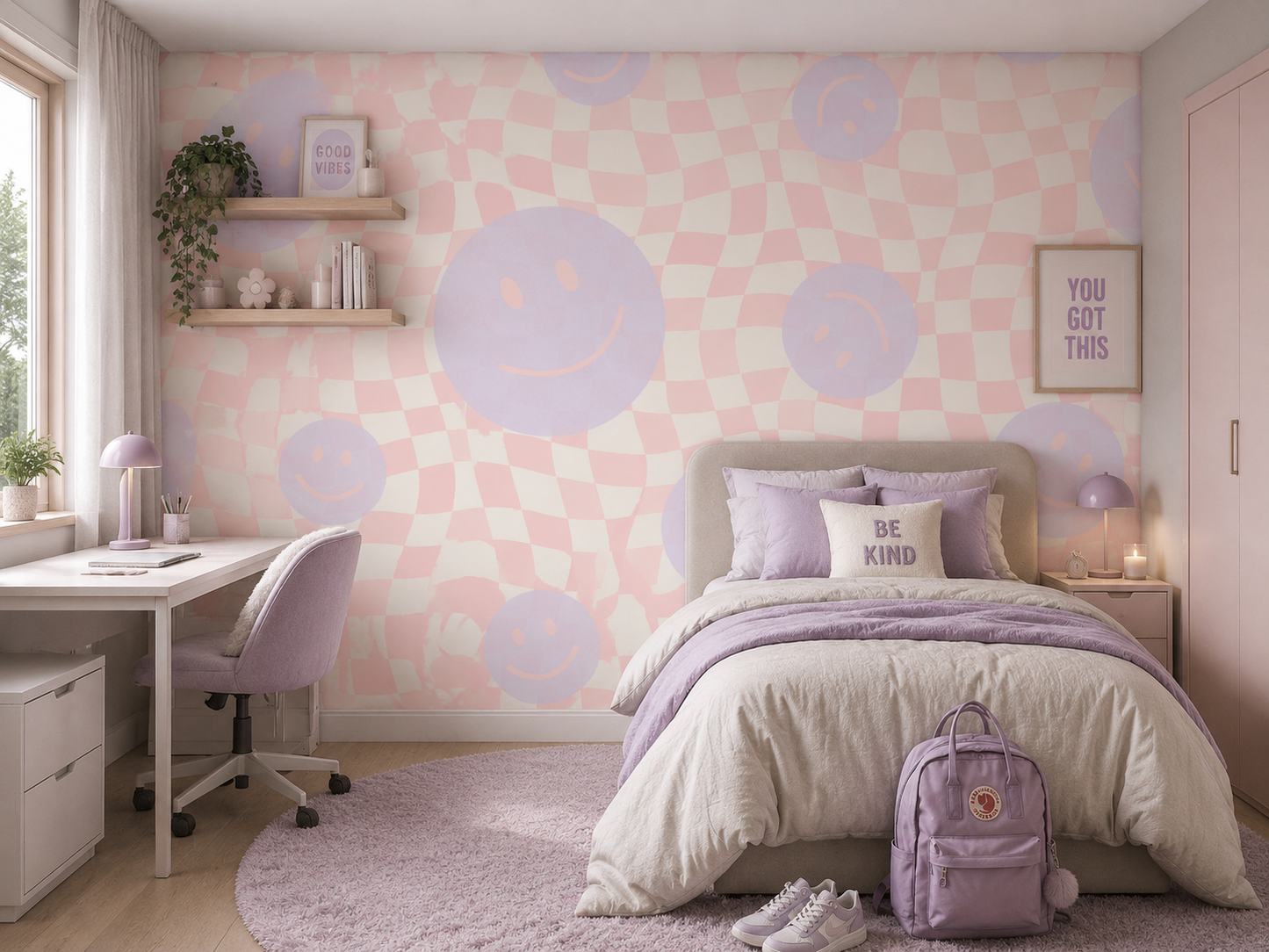 Smiley behang kinderkamer tienerkamer meidenkamer roze lila Papr Walls Face the Wall geblokt