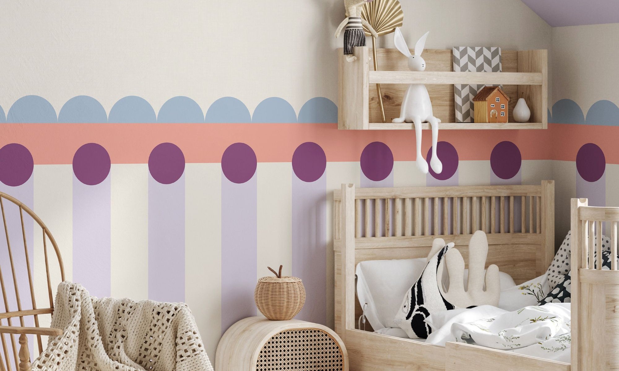 Fotobehang kinderkamer lambrisering meisjeskamer lila roze lichtblauw papr walls meet me halfway