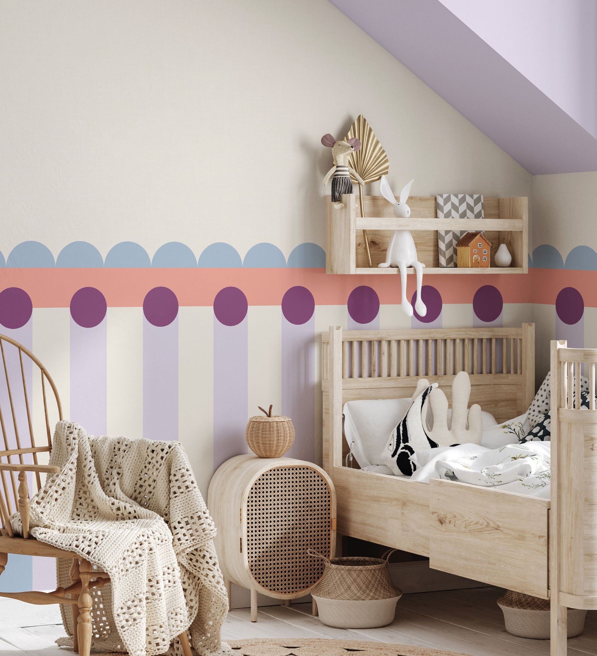 Fotobehang kinderkamer lambrisering meisjeskamer lila roze lichtblauw papr walls meet me halfway