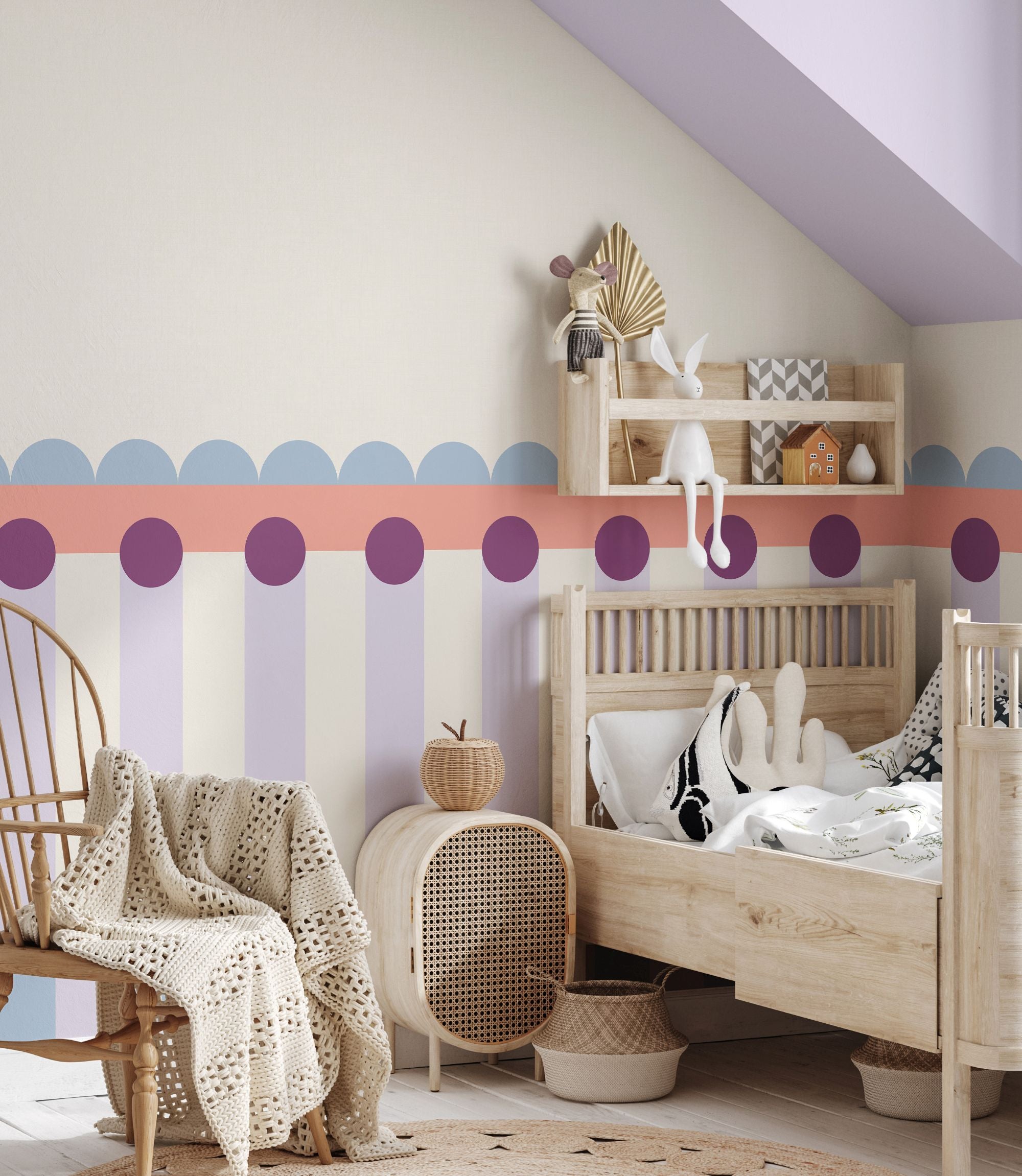 Fotobehang kinderkamer lambrisering meisjeskamer lila roze lichtblauw papr walls meet me halfway