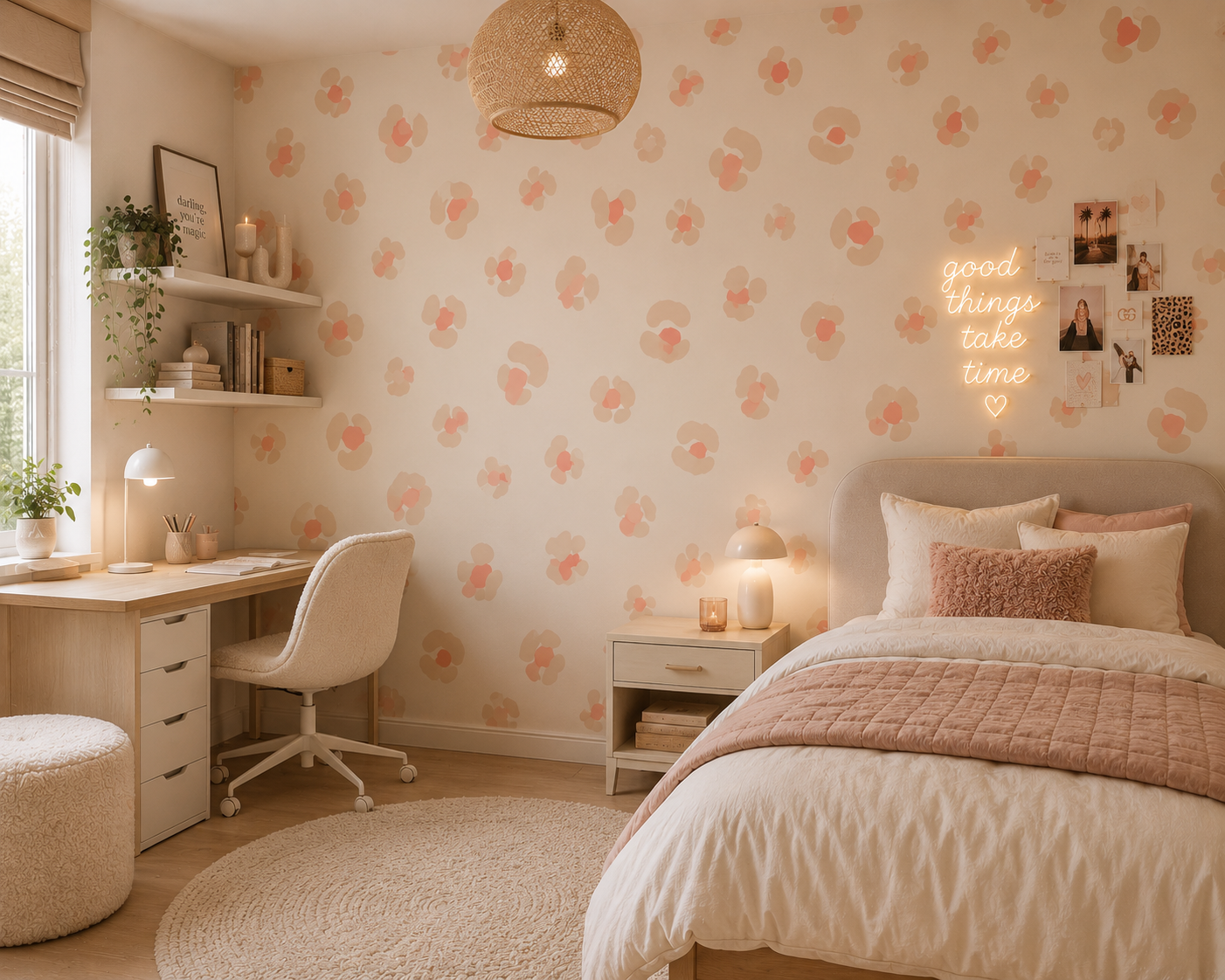 Leopard luipaard behang voor meisjeskamer tienerkamer creme roze