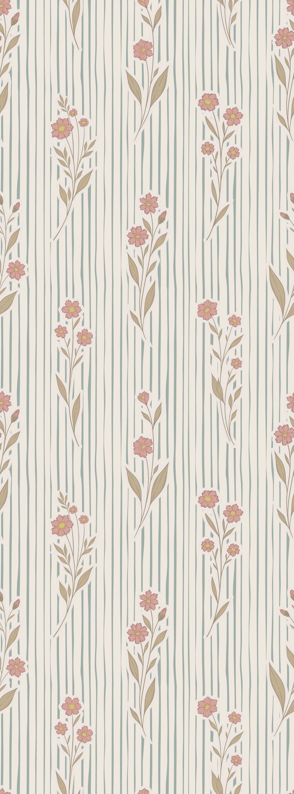 Little amour bloemen en strepen behang voor de babykamer en meisjeskamer lichtblauw met roze