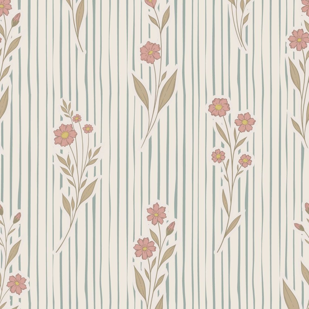 Little amour bloemen en strepen behang voor de babykamer en meisjeskamer lichtblauw met roze