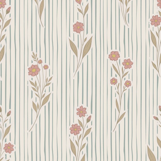Little amour bloemen en strepen behang voor de babykamer en meisjeskamer lichtblauw met roze