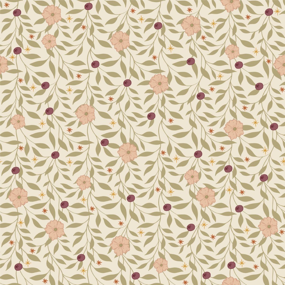 Little Amour Blossom Vines bloemenbehang voor meisjeskamer en babykamer roze groen en bordeaux rood