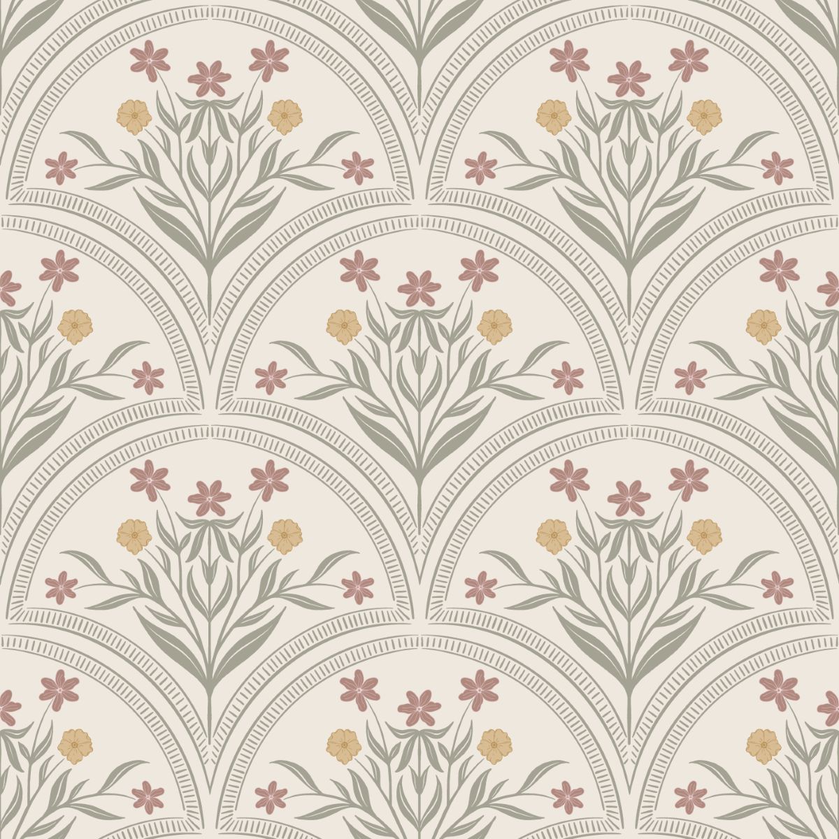 Boogjes behang voor meisjeskamer en babykamer Flora Arches Little Amour zand groen beige