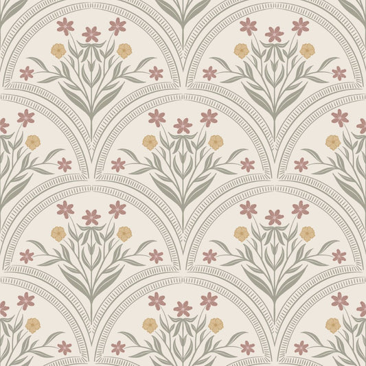 Boogjes behang voor meisjeskamer en babykamer Flora Arches Little Amour zand groen beige