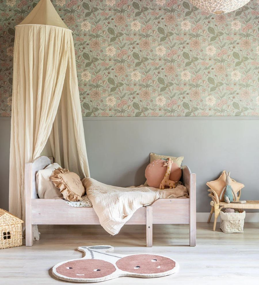 Little Amour Floral Spring bloemenbehang voor de kinderkamer groen