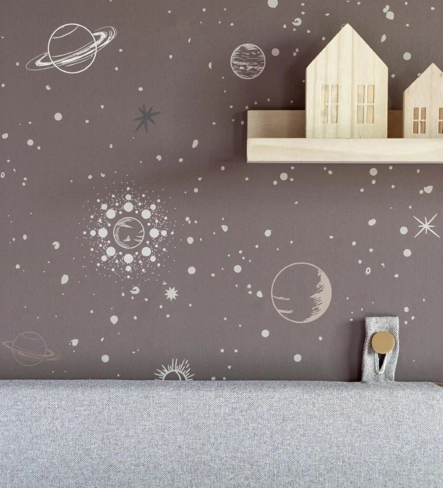 Little Amour behang voor de kinderkamer space stars ruimte bruin