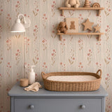 Little amour bloemen en strepen behang voor de babykamer en meisjeskamer lichtblauw met roze