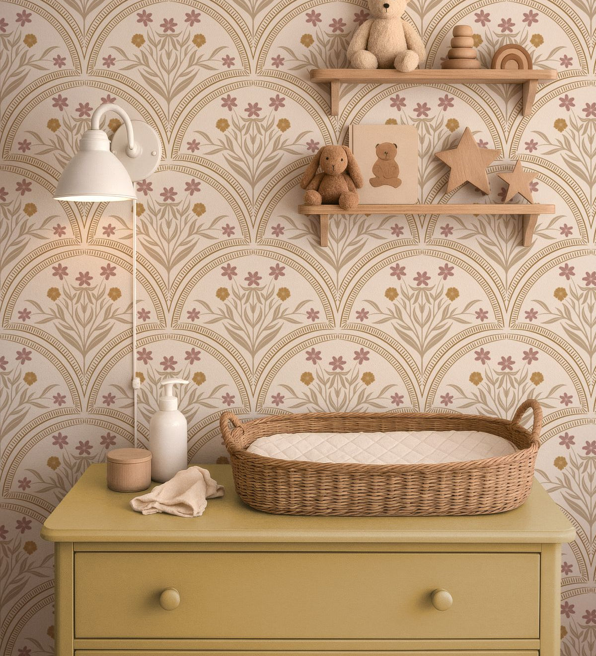 Boogjes behang voor meisjeskamer en babykamer Flora Arches Little Amour zand beige 