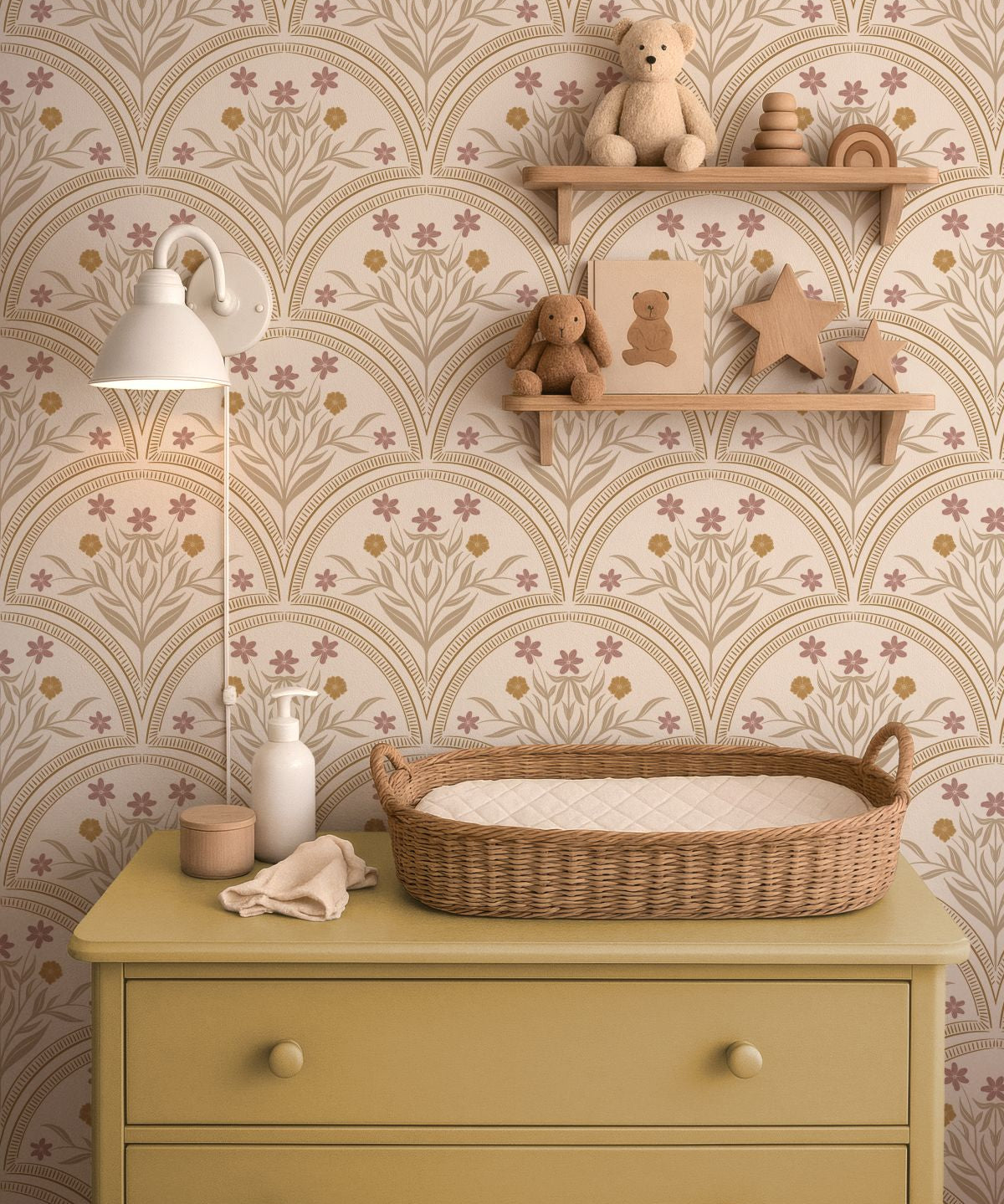 Boogjes behang voor meisjeskamer en babykamer Flora Arches Little Amour zand beige 