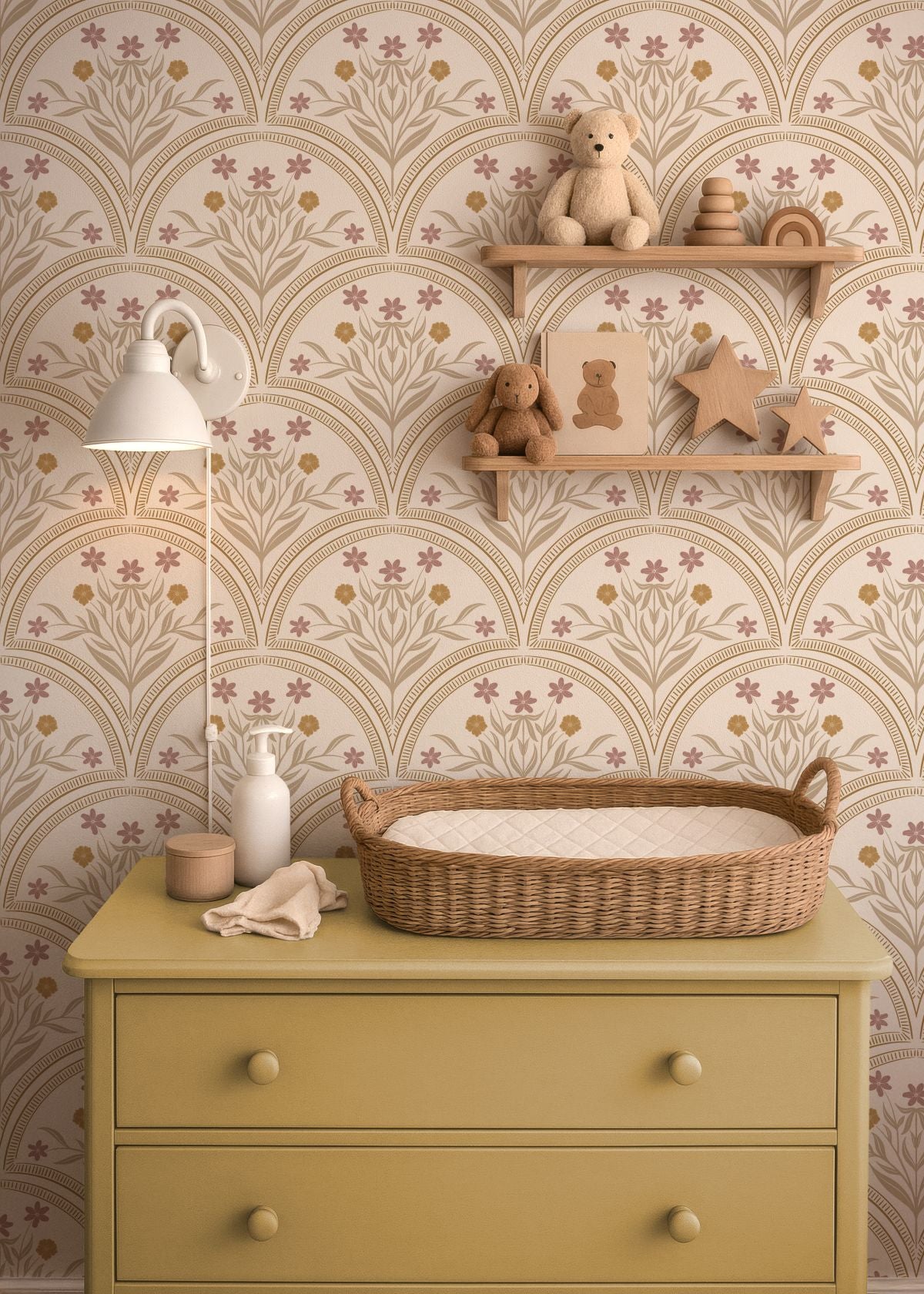 Boogjes behang voor meisjeskamer en babykamer Flora Arches Little Amour zand beige 