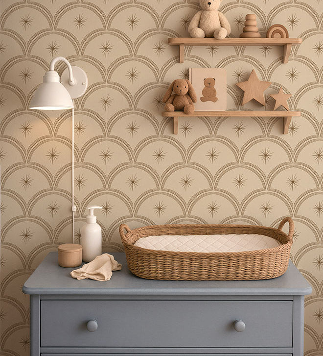 Little Amour Magic Arches boogjes behang voor babykamer neutrale kinderkamer meisjeskamer zand  beige