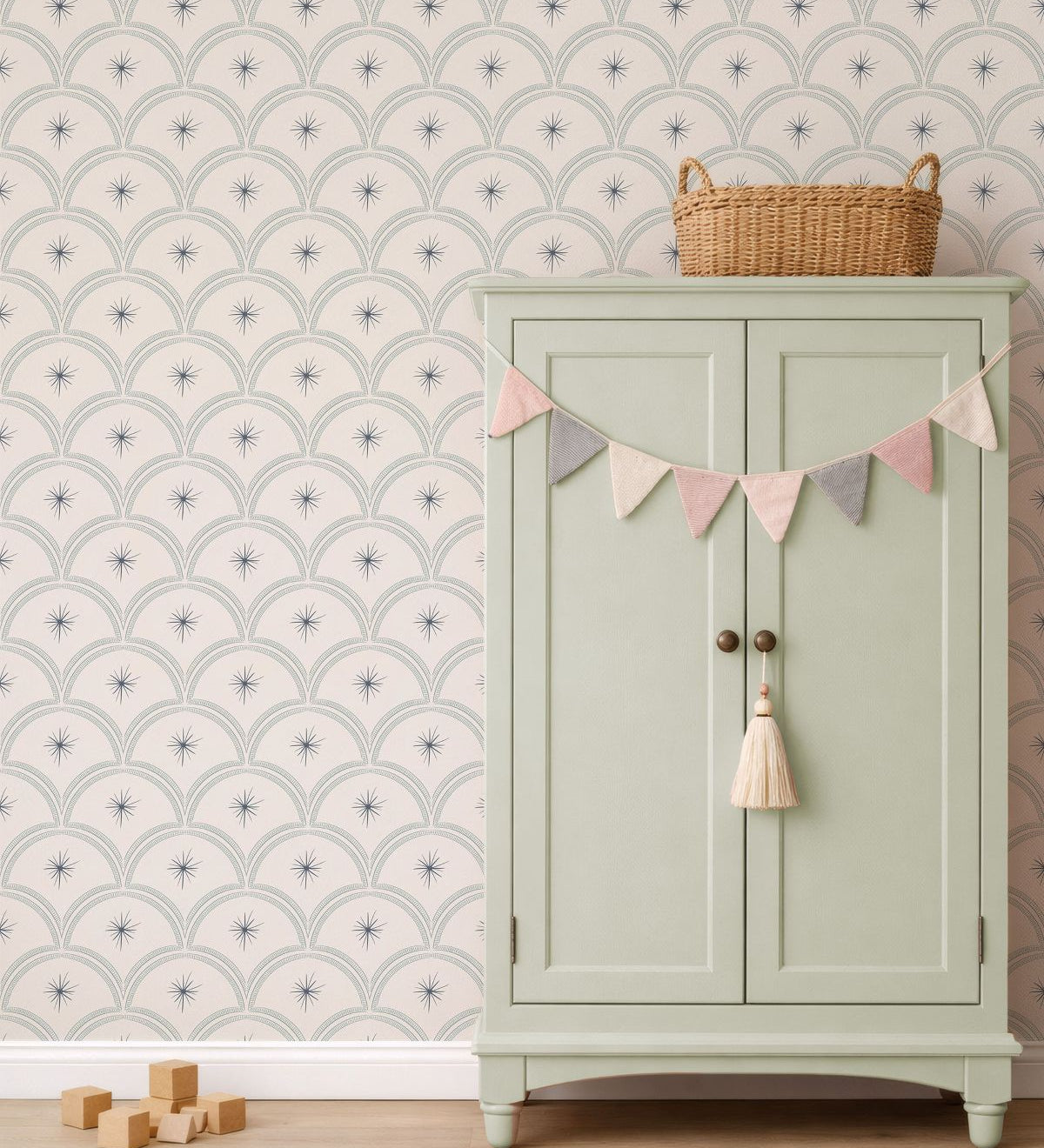 Little Amour Magic Arches boogjes behang voor babykamer neutrale kinderkamer meisjeskamer blauw