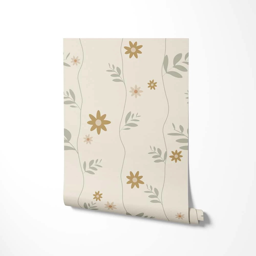 Bloemenbehang voor de kinderkamer Daisy Little Amour beige oker