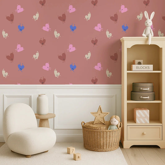 Annet Weelink Kinderbehang voor de kinderkamer met hartjes en smileys soft terra meisjeskamer