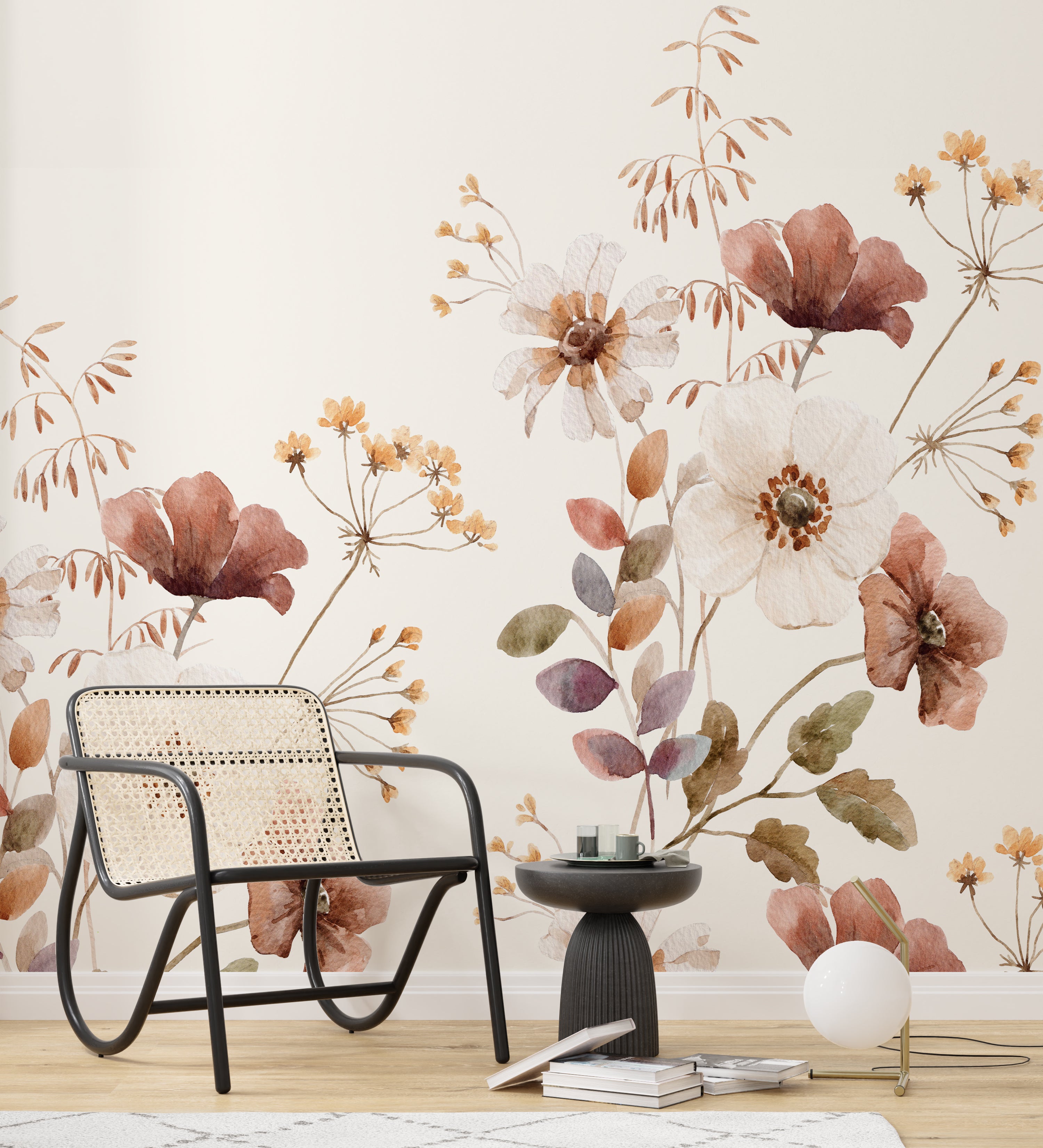 Dusty Flower van Creative Lab Amsterdam bloemen behang voor meisjeskamer en babykamer mural terra