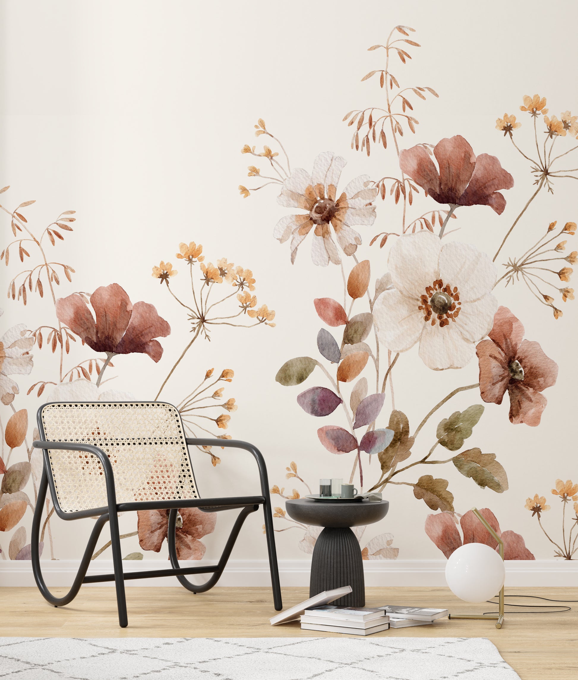 Dusty Flower van Creative Lab Amsterdam bloemen behang voor meisjeskamer en babykamer mural terra