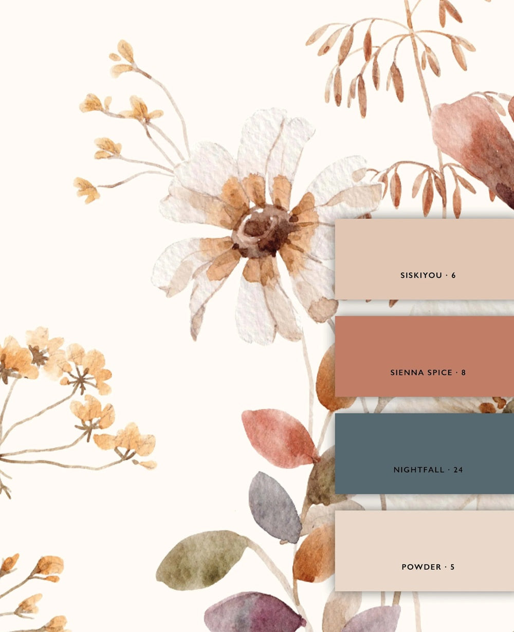 Dusty Flower van Creative Lab Amsterdam bloemen behang voor meisjeskamer en babykamer mural terra